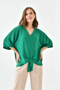 Oversized V Neck Tie Front Detailed Blouse with 3/4 Sleeves in Green