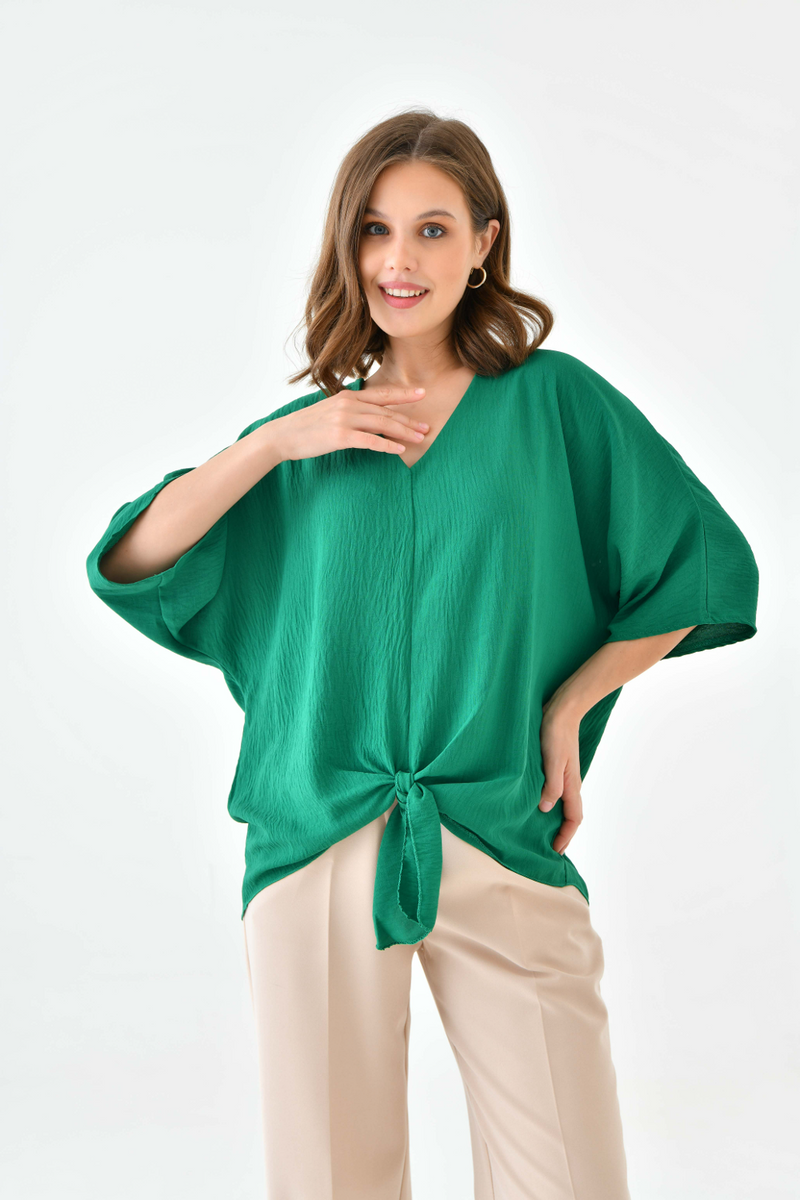 Oversized V Neck Tie Front Detailed Blouse with 3/4 Sleeves in Green