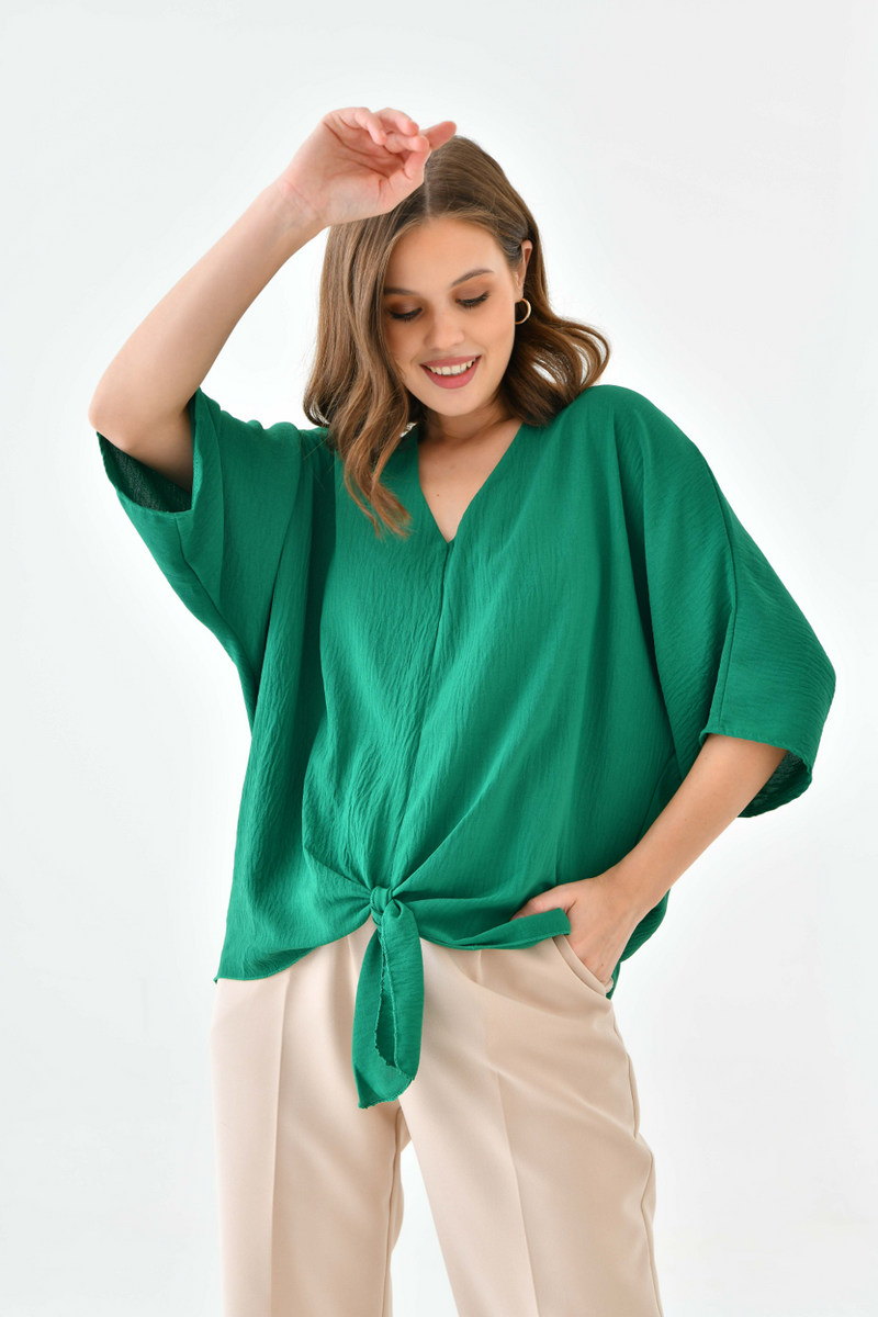 Oversized V Neck Tie Front Detailed Blouse with 3/4 Sleeves in Green