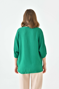 Oversized V Neck Tie Front Detailed Blouse with 3/4 Sleeves in Green