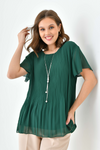 Oversized Round Neck Short Sleeve Pleated Blouse in Green with Necklace