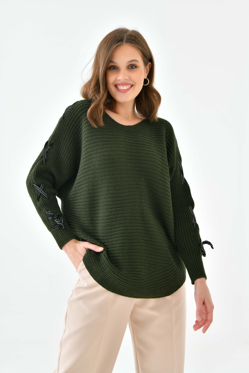 Oversized Long Sleeve Knitted Jumper with Ribbon Details in Khaki