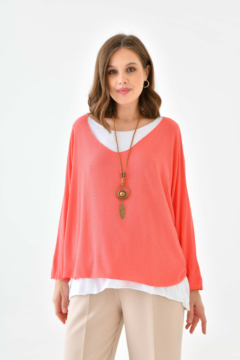 Oversized Long Sleeve Layered Blouse With Necklace in Coral and White