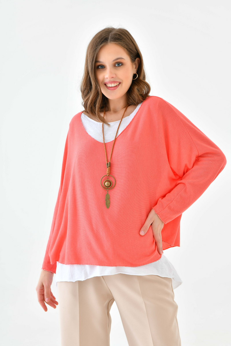 Oversized Long Sleeve Layered Blouse With Necklace in Coral and White