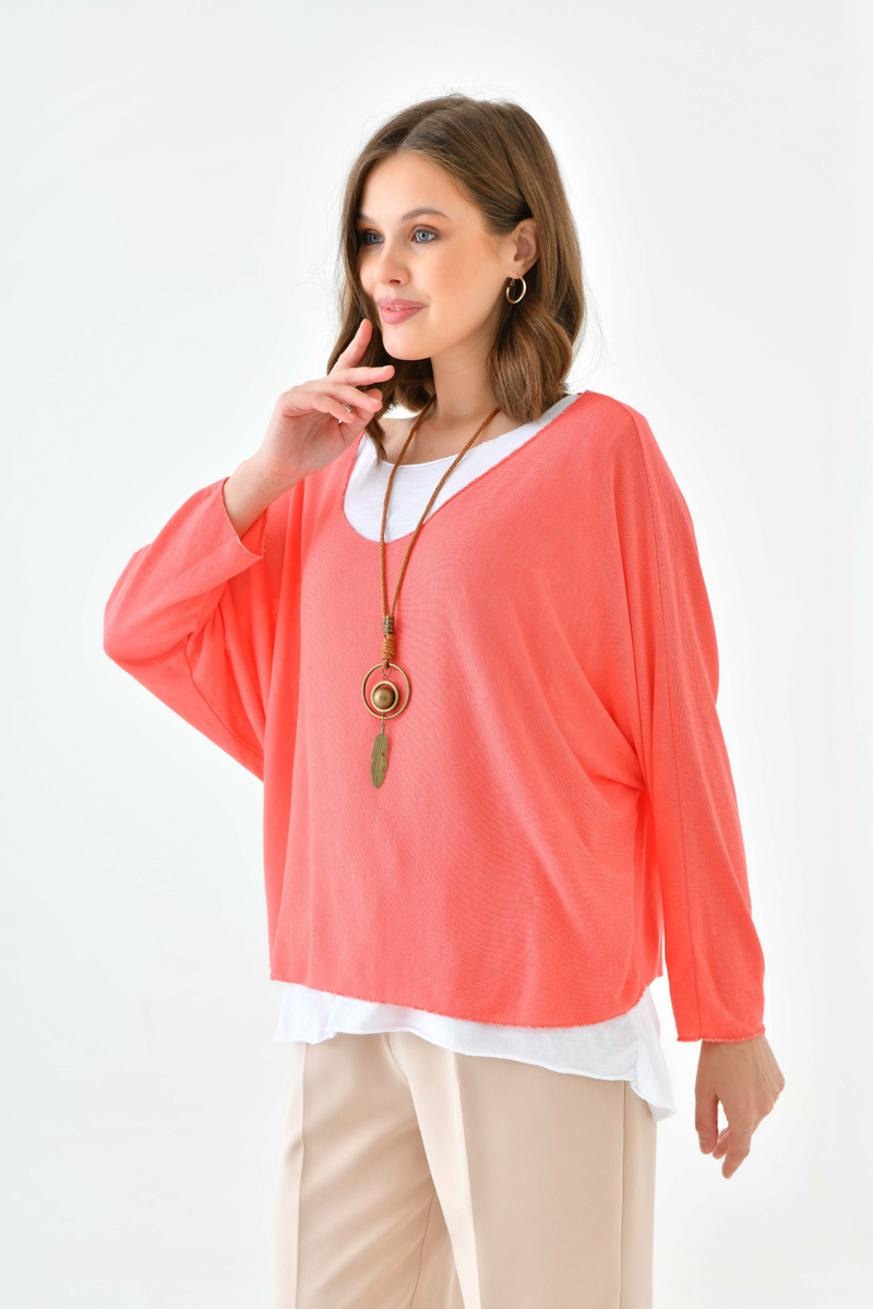 Oversized Long Sleeve Layered Blouse With Necklace in Coral and White