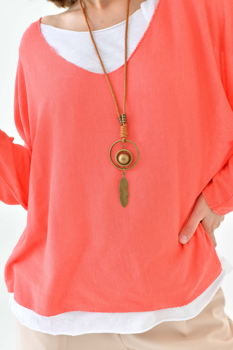 Oversized Long Sleeve Layered Blouse With Necklace in Coral and White