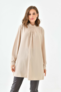 Oversized Long Sleeve Button Detailed Tunic Top in Beige