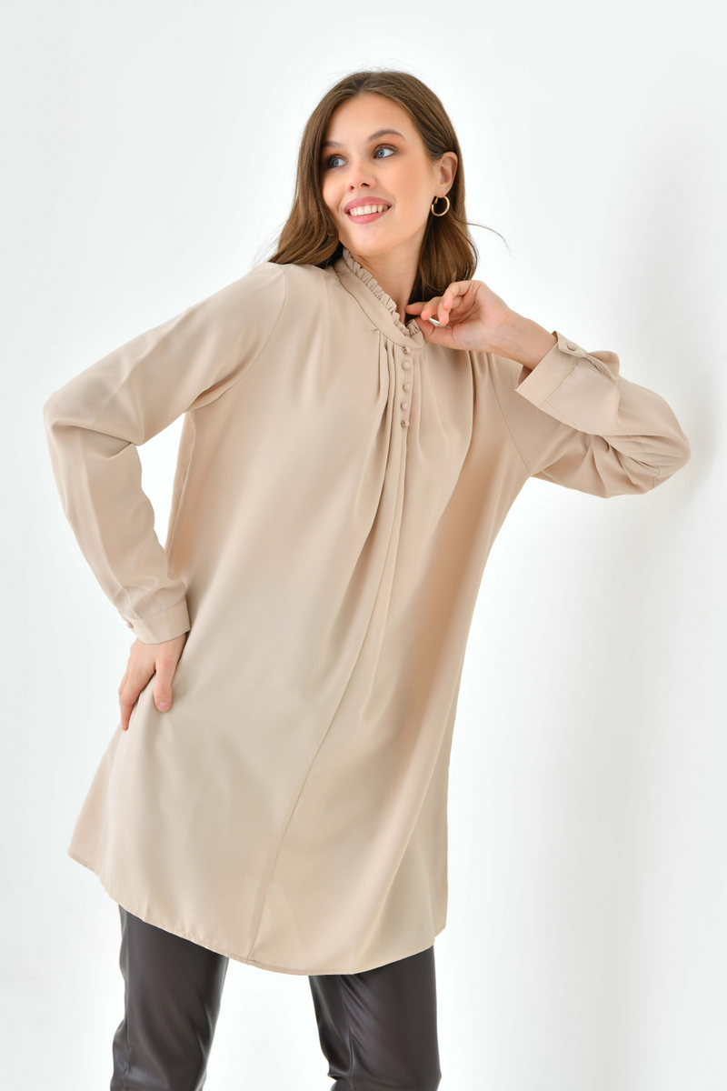 Oversized Long Sleeve Button Detailed Tunic Top in Beige