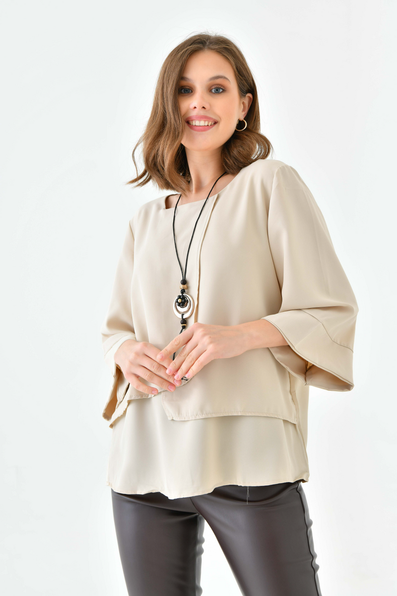 Oversized Fit 3/4 Sleeve Asymmetric Layered Blouse in Beige with Necklace