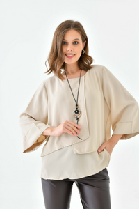 Oversized Fit 3/4 Sleeve Asymmetric Layered Blouse in Beige with Necklace