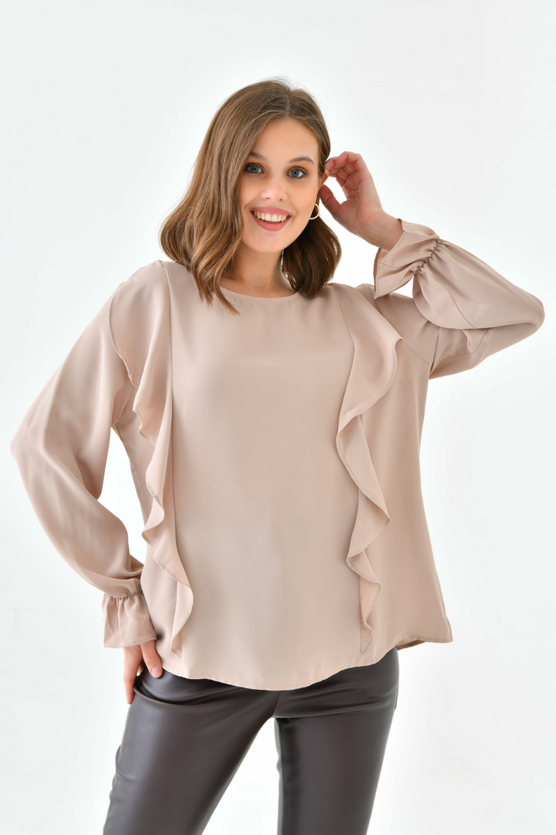 Oversized Frilled Front Blouse with Detailed Cuffs in Beige
