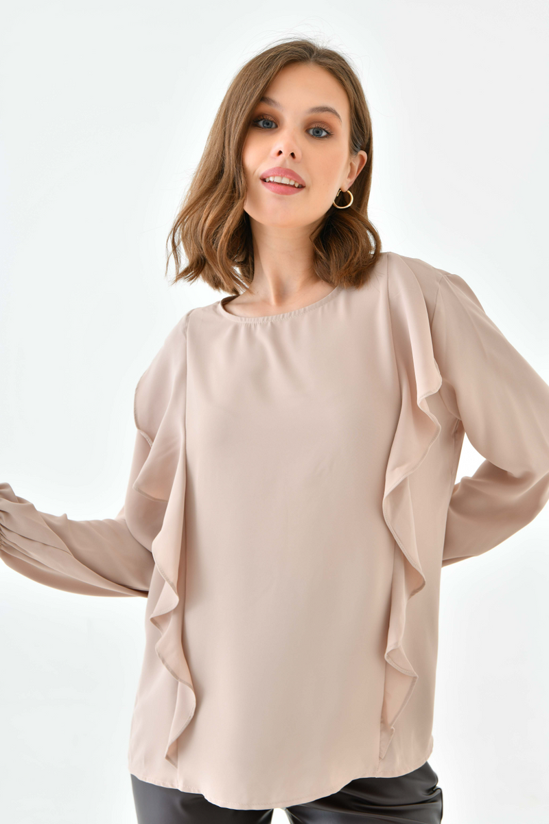 Oversized Frilled Front Blouse with Detailed Cuffs in Beige