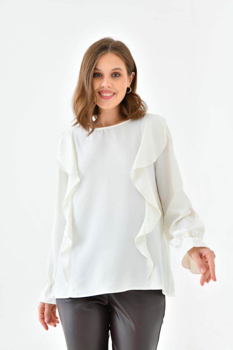 Oversized Frilled Front Blouse with Detailed Cuffs in White