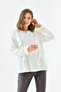 Oversized Frilled Front Blouse with Detailed Cuffs in White