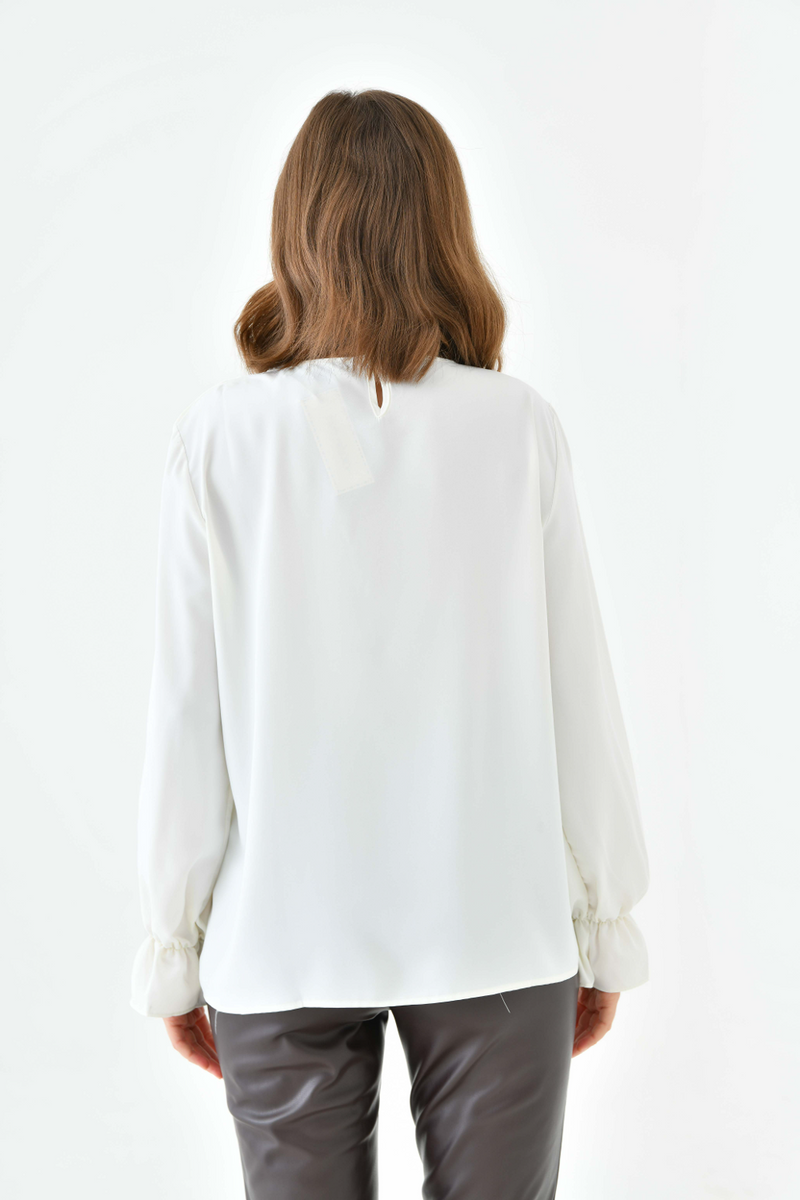 Oversized Frilled Front Blouse with Detailed Cuffs in White