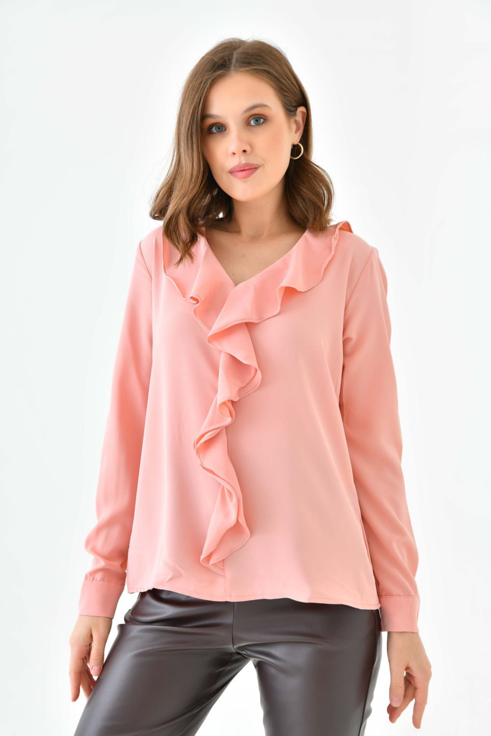 Oversized Long Sleeve Frilled Front Blouse Top in Pink