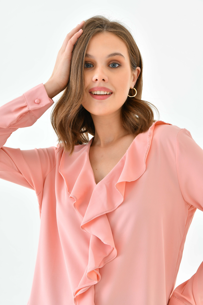 Oversized Long Sleeve Frilled Front Blouse Top in Pink