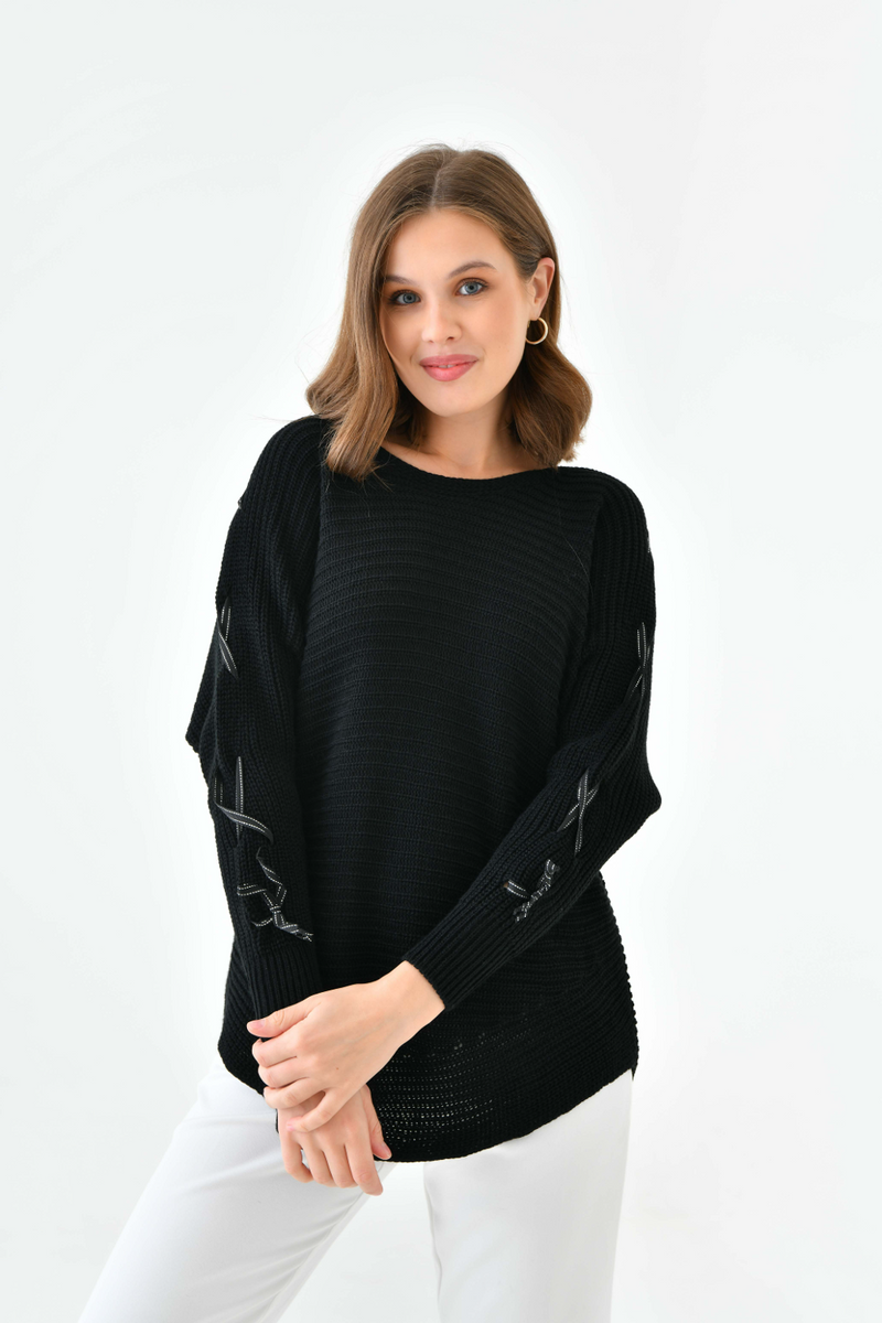 Oversized Long Sleeve Knitted Jumper with Ribbon Details in Black