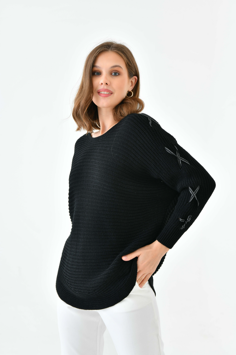 Oversized Long Sleeve Knitted Jumper with Ribbon Details in Black
