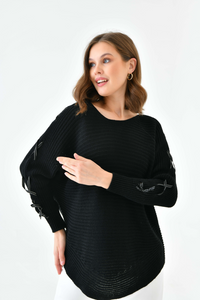 Oversized Long Sleeve Knitted Jumper with Ribbon Details in Black