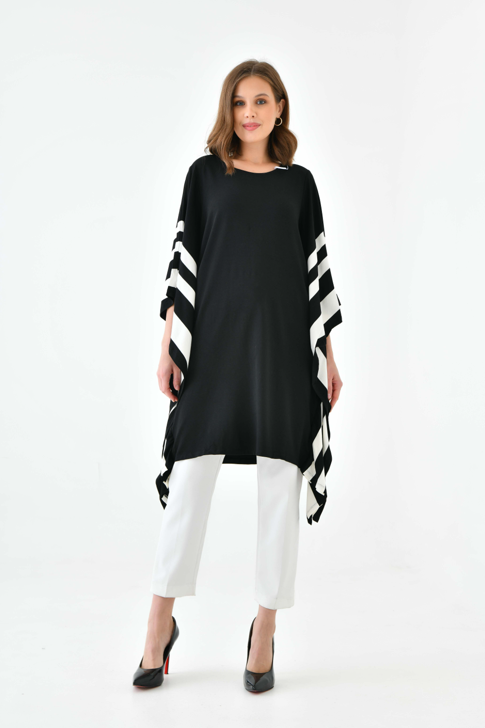 Oversized Wide Sleeve Tunic Dress with White Stripe Details in Black