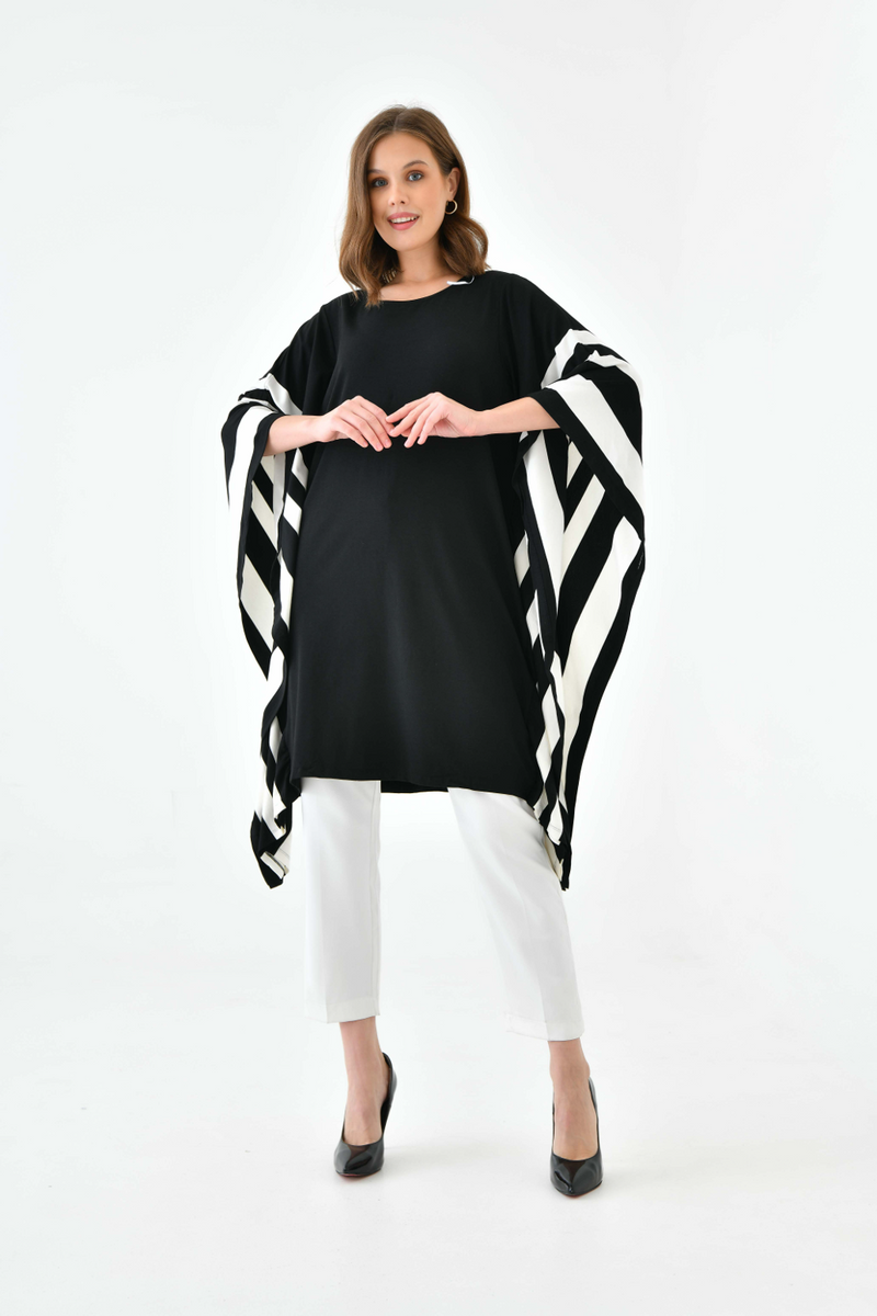 Oversized Wide Sleeve Tunic Dress with White Stripe Details in Black