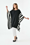 Oversized Wide Sleeve Tunic Dress with White Stripe Details in Black