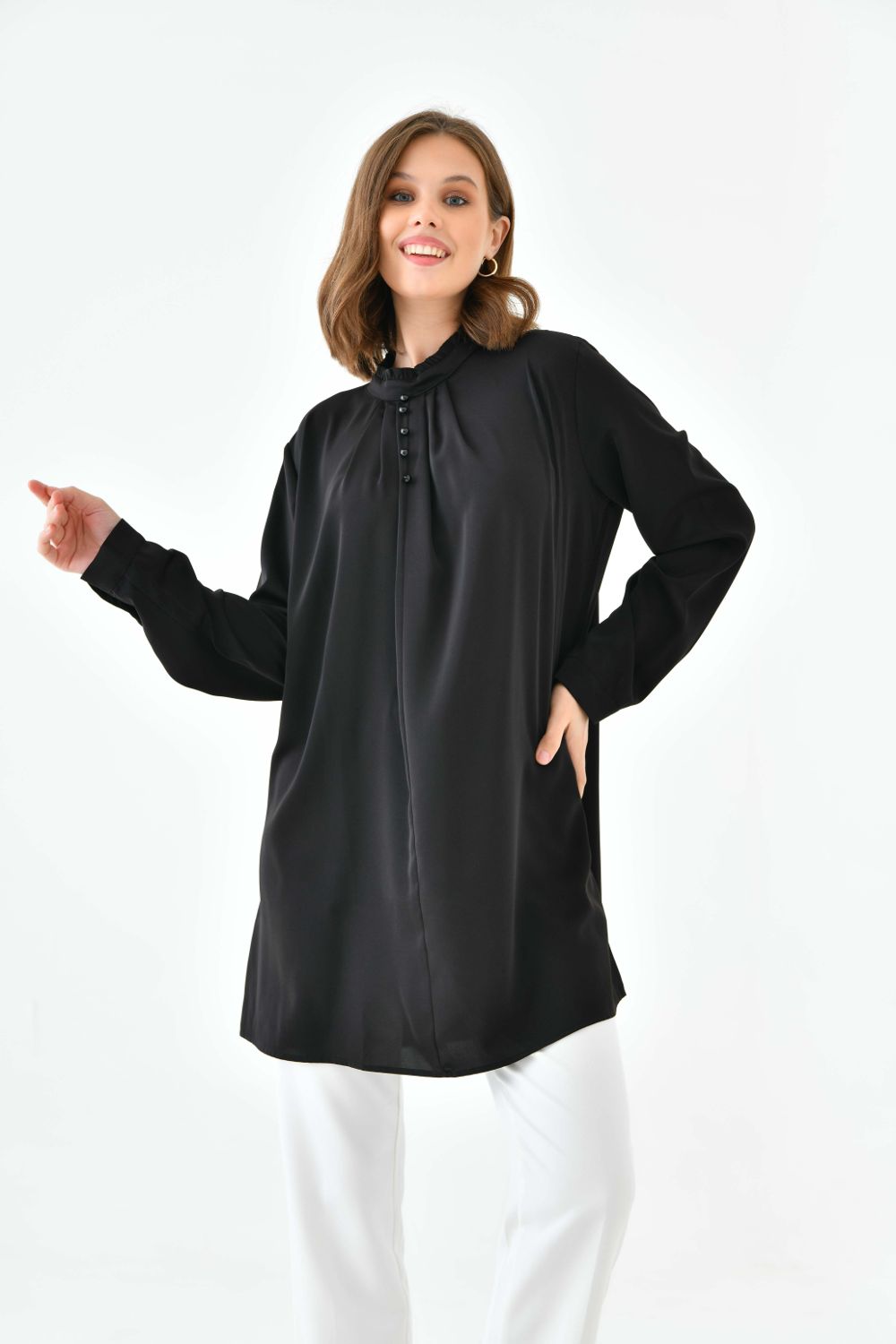 Oversized Long Sleeve Button Detailed Tunic Top in Black