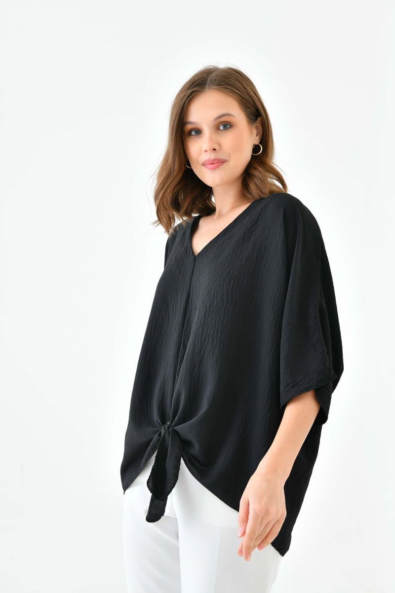 Oversized V Neck Tie Front Detailed Blouse with 3/4 Sleeves in Black