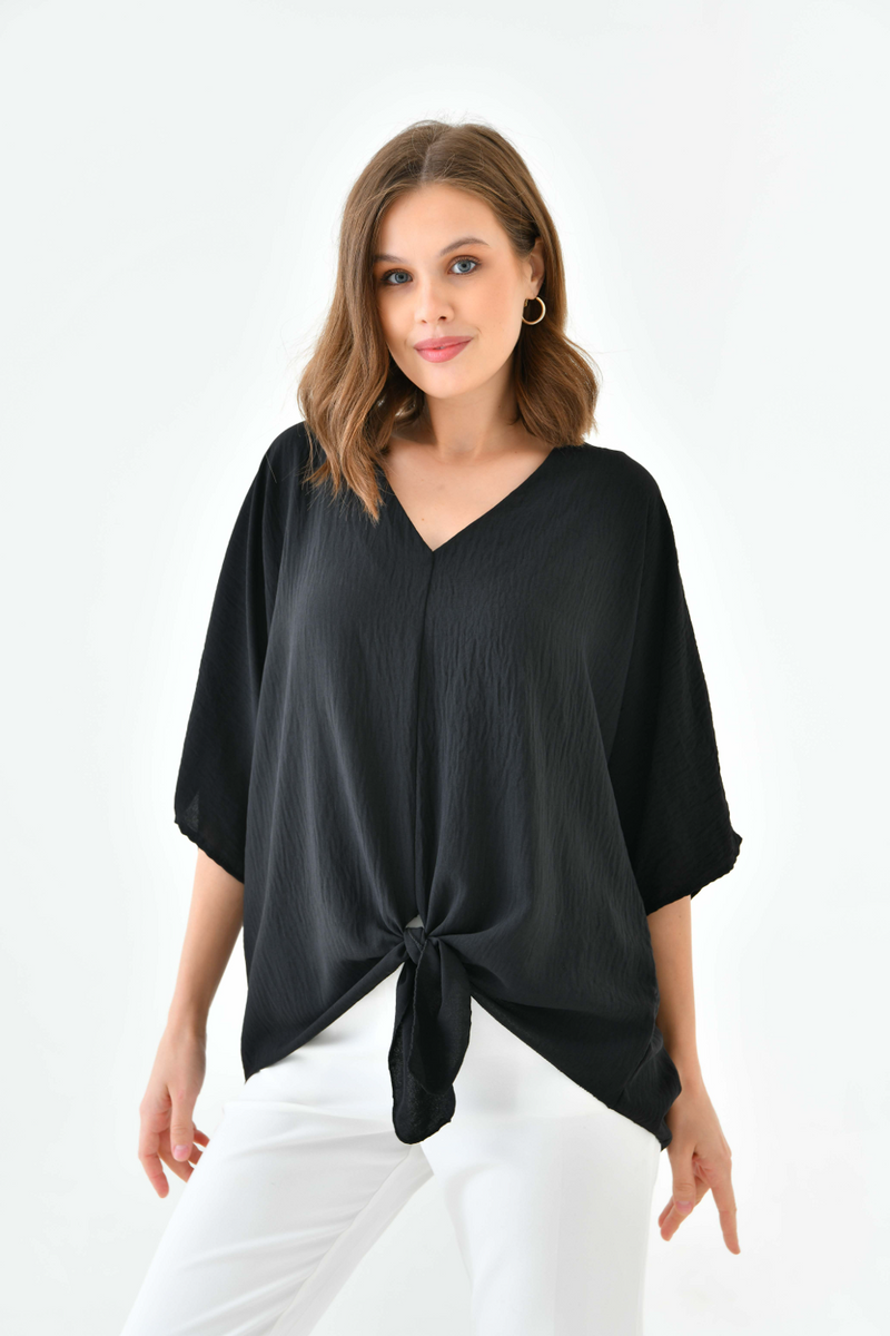 Oversized V Neck Tie Front Detailed Blouse with 3/4 Sleeves in Black