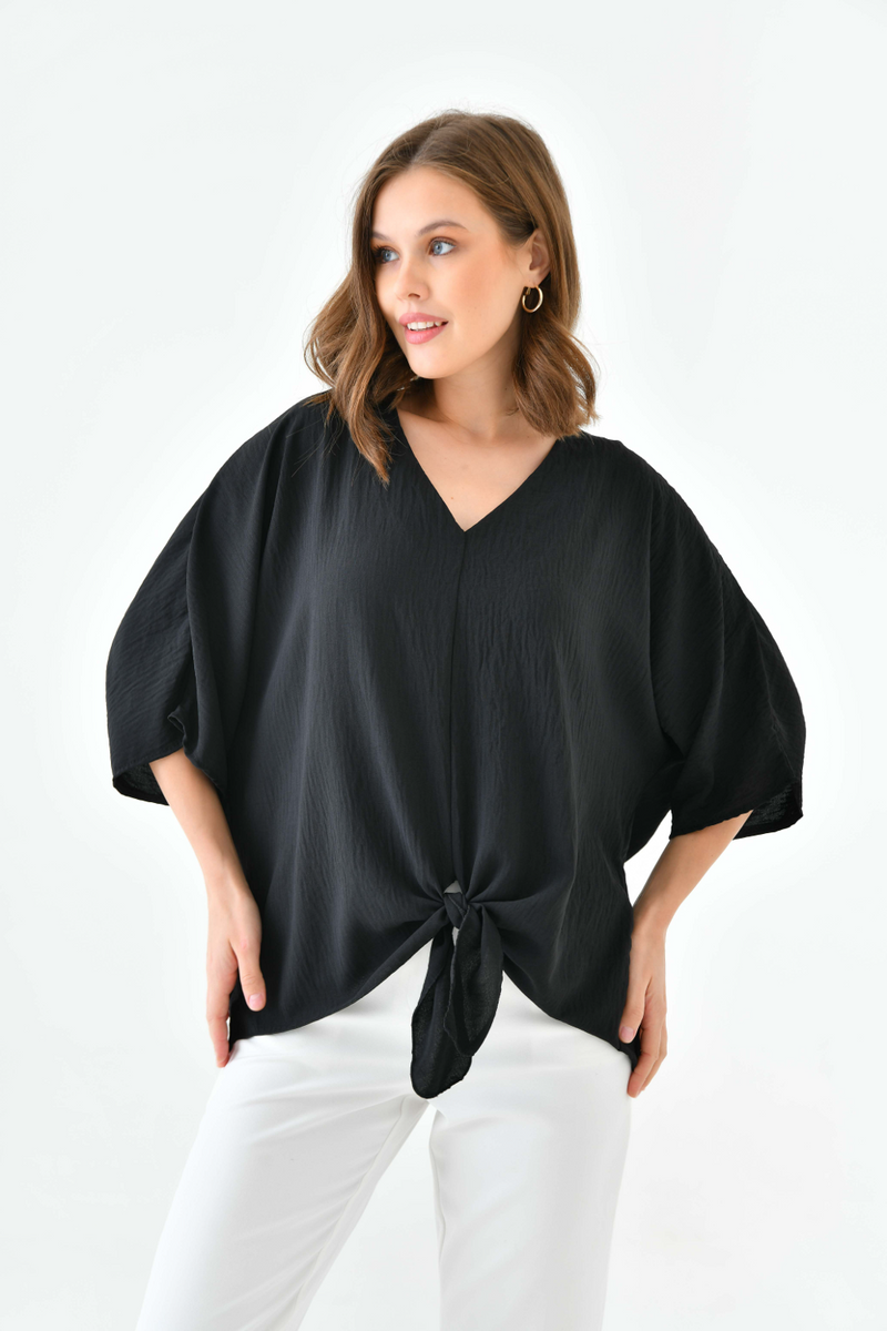 Oversized V Neck Tie Front Detailed Blouse with 3/4 Sleeves in Black