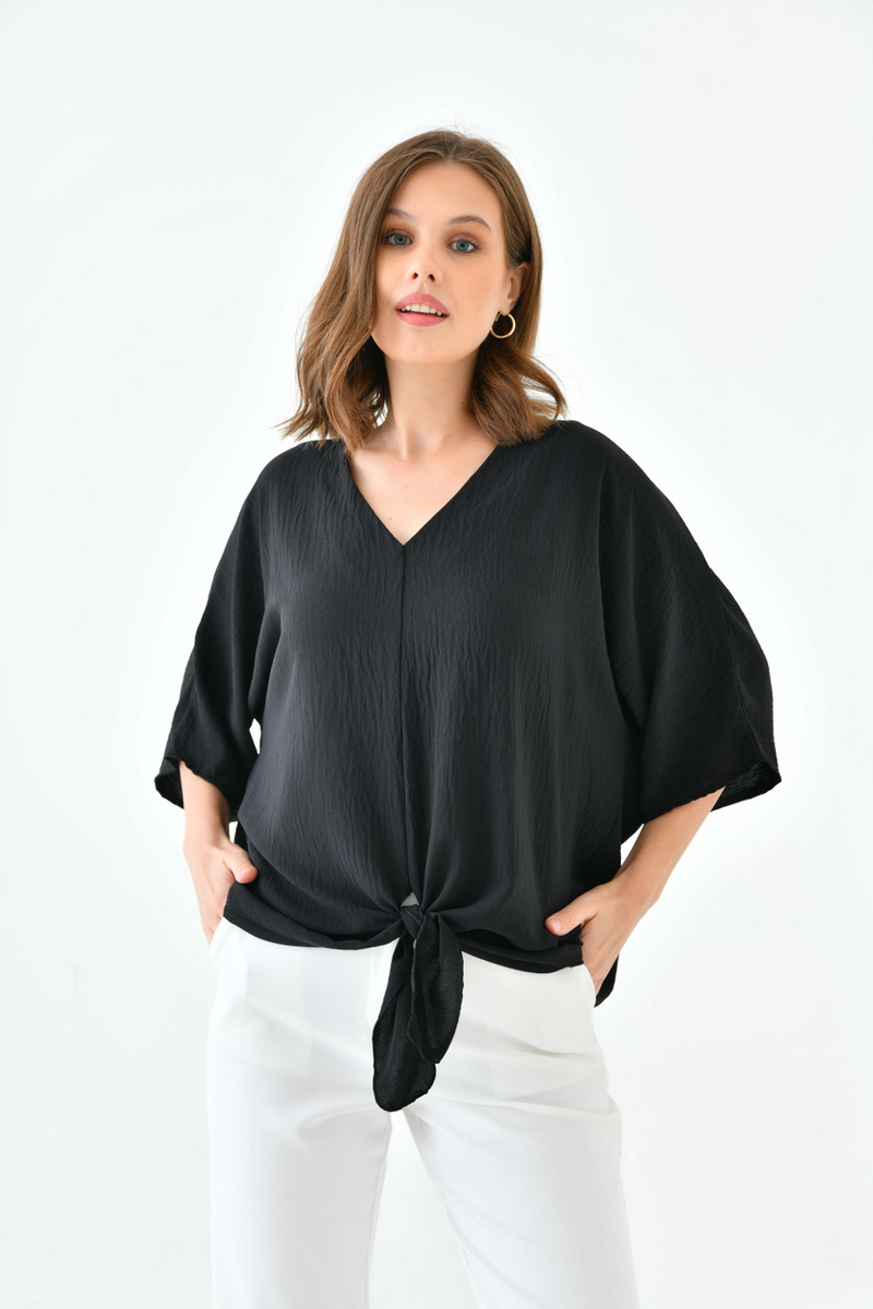 Oversized V Neck Tie Front Detailed Blouse with 3/4 Sleeves in Black