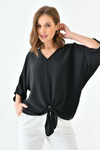 Oversized V Neck Tie Front Detailed Blouse with 3/4 Sleeves in Black