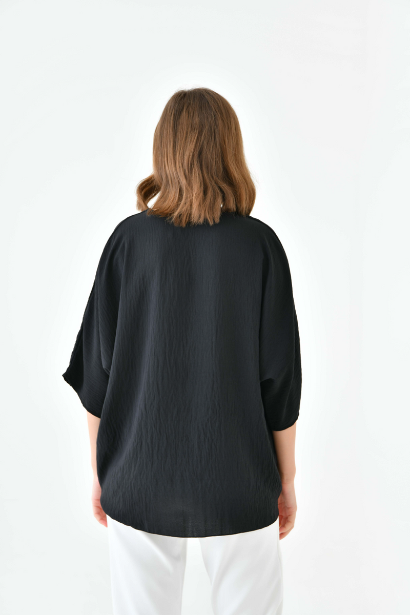 Oversized V Neck Tie Front Detailed Blouse with 3/4 Sleeves in Black