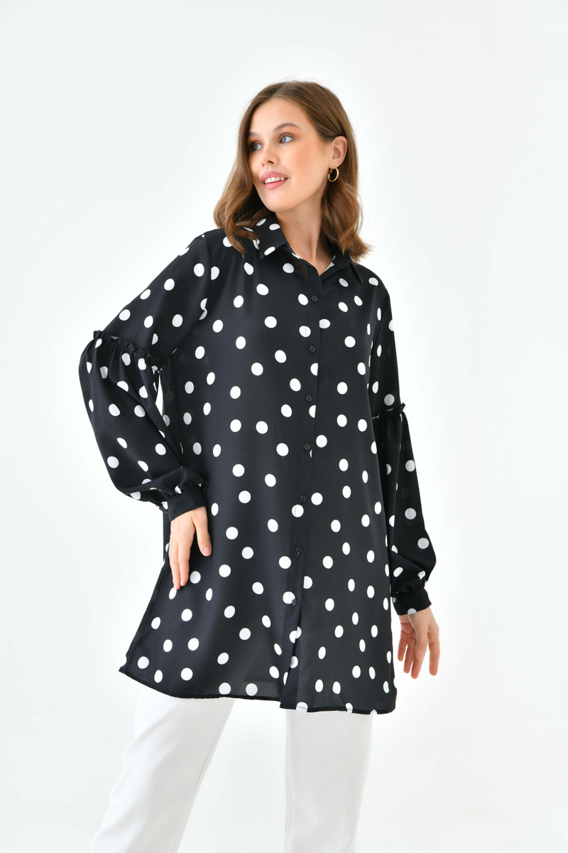 Oversized Balloon Sleeves Shirt Tunic with Polka Dot Print in Black and White