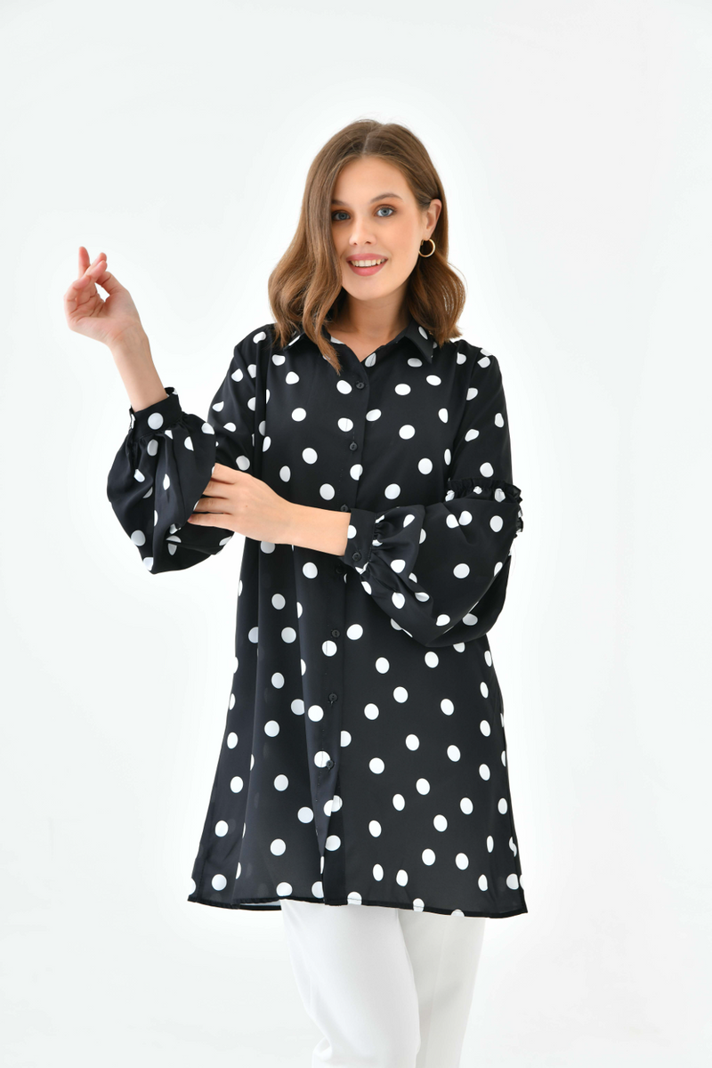 Oversized Balloon Sleeves Shirt Tunic with Polka Dot Print in Black and White