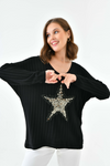 Relaxed Fit V Neck Sequin Star Detailed Long Sleeves Jumper in Black