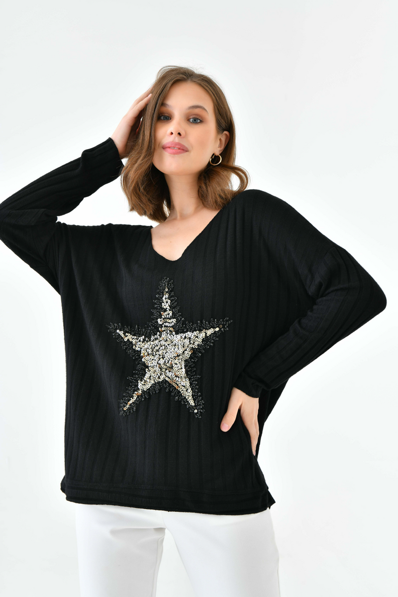 Relaxed Fit V Neck Sequin Star Detailed Long Sleeves Jumper in Black