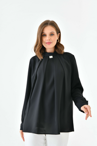 Oversized Long Sleeves Brooch Detailed Top in Black