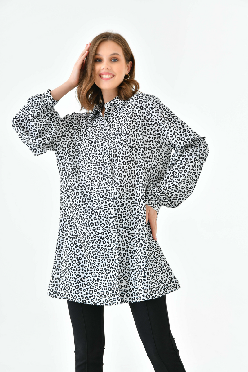 Oversized Balloon Sleeves Shirt Tunic with Leopard Print in Brown and Black