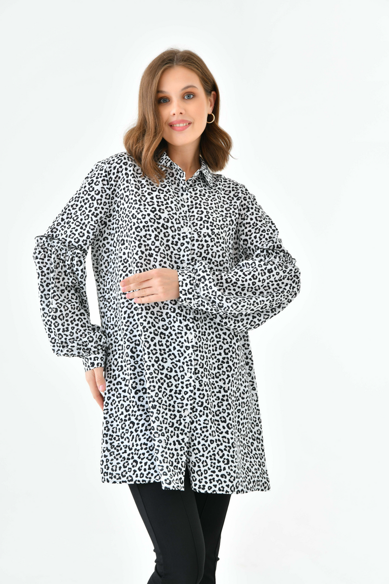 Oversized Balloon Sleeves Shirt Tunic with Leopard Print in Brown and Black