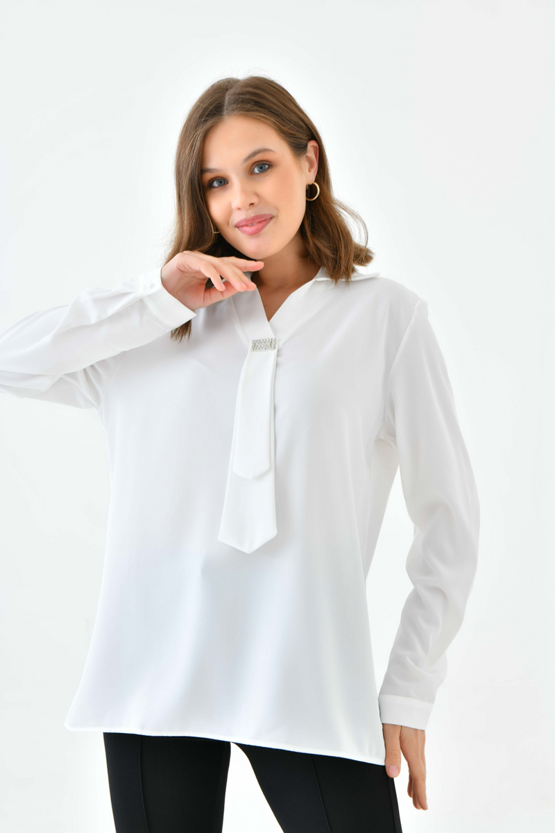 Oversized Long Sleeves Shirt Collar Blouse Top with Brooch Detail in White