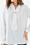 Oversized Long Sleeves Shirt Collar Blouse Top with Brooch Detail in White