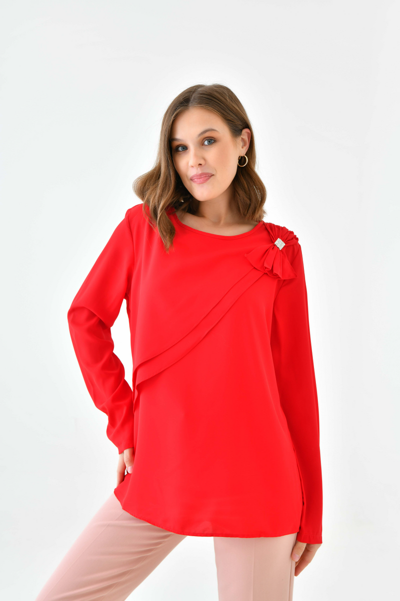 Oversized Long Sleeves Crew Neck Blouse Top with Pussy Bow Detail in Red
