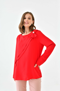 Oversized Long Sleeves Crew Neck Blouse Top with Pussy Bow Detail in Red