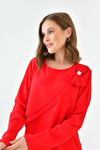 Oversized Long Sleeves Crew Neck Blouse Top with Pussy Bow Detail in Red