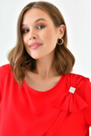 Oversized Long Sleeves Crew Neck Blouse Top with Pussy Bow Detail in Red