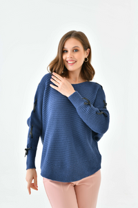 Oversized Long Sleeve Knitted Jumper with Ribbon Details in Navy