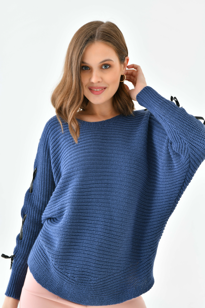 Oversized Long Sleeve Knitted Jumper with Ribbon Details in Navy