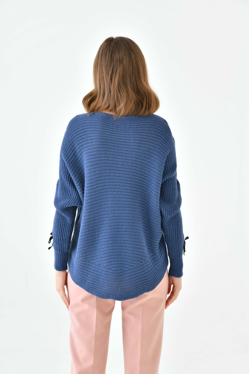 Oversized Long Sleeve Knitted Jumper with Ribbon Details in Navy